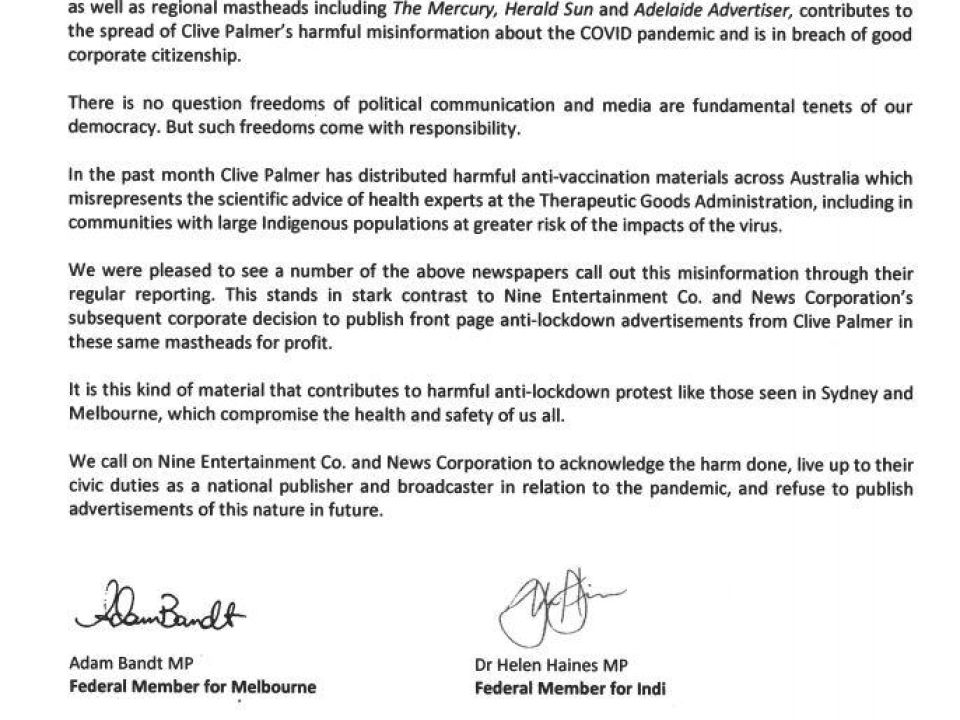 Scan of crossbench COVID advert letter 12 8 2021
